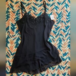 Linea Donatella Asymmetrical Lace Beaded Black Slip Dress